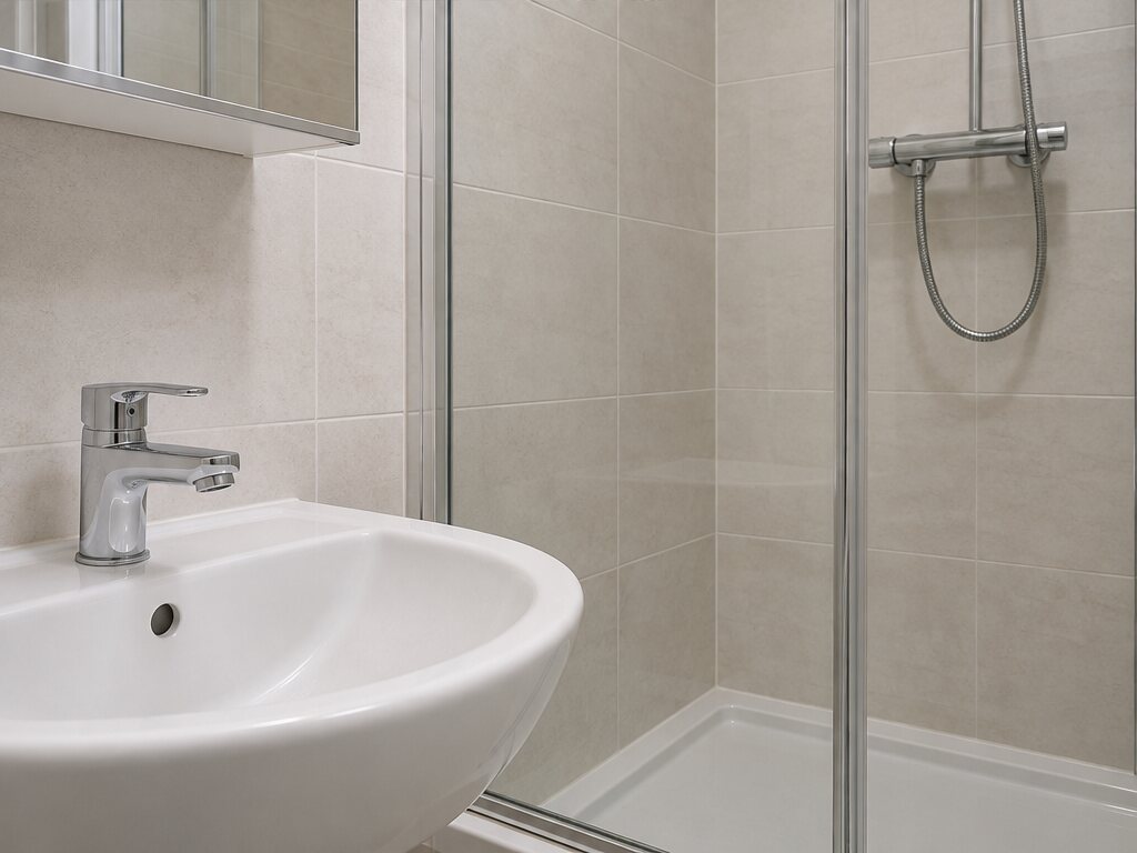 After: basin, chrome tap and shower glass cleaned of surface residue