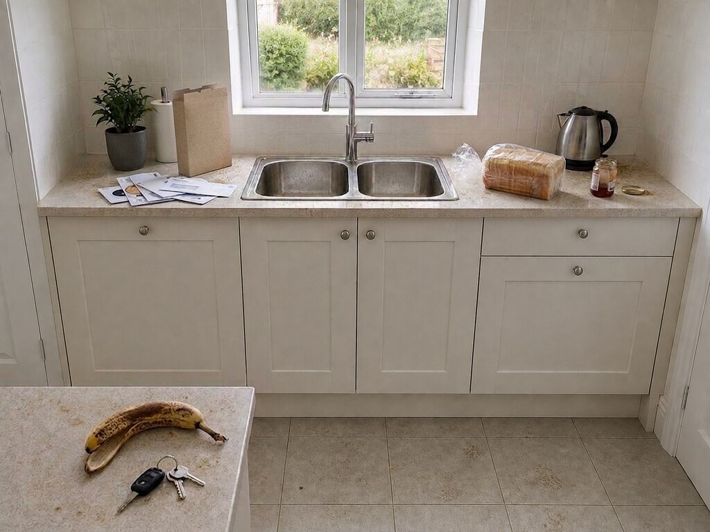 Before: a cereal box, opened post, a loaf and an open jar left on the worktops, a banana peel and keys on the island, crumbs and stains on the worktop and a dirty tiled floor