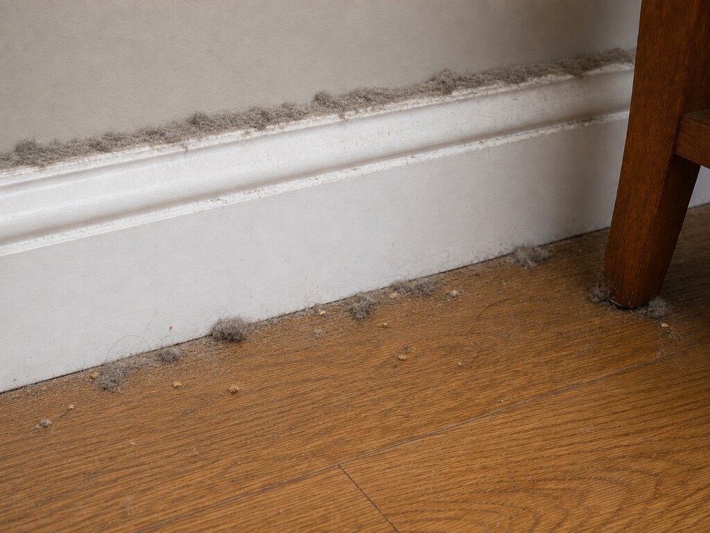 Before: white skirting board and adjoining wooden floor with dust and fluff along the edges