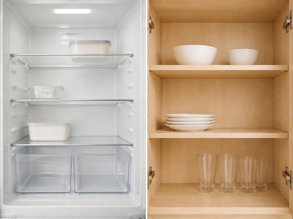 Clean fridge interior beside clean cupboard shelves with plates, bowls and glasses